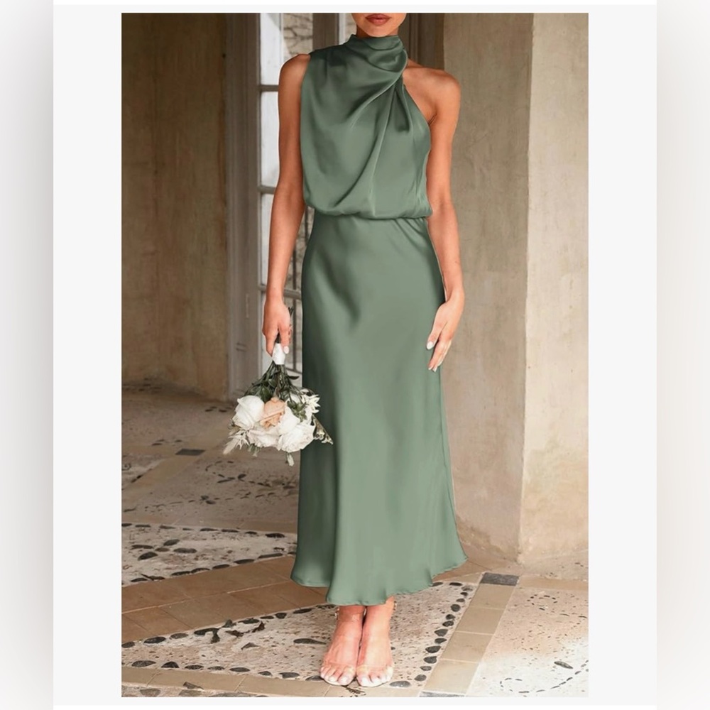 Satin Dress Elegant Sleeveless Mock Neck Cocktail Party Maxi Dress